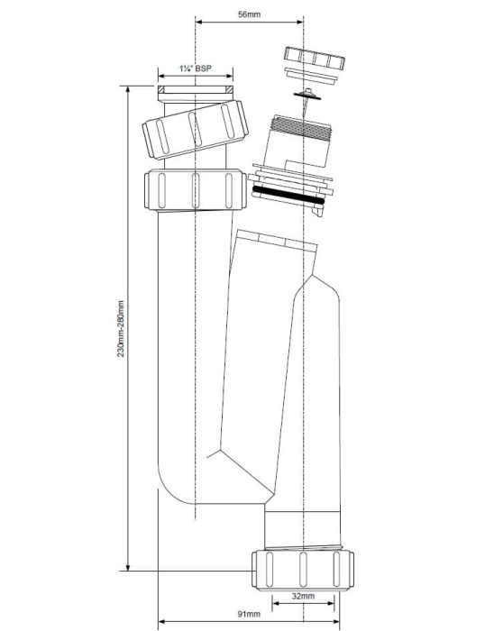 Technische Maßzeichnung Siphon mit Belüfter, vertikaler Ablauf, Anschluss 5/4 Zoll, Höhenverstellbar 230-280mm